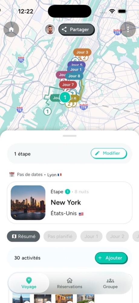 Voyage : l'itinéraire sur la carte, jour par jour