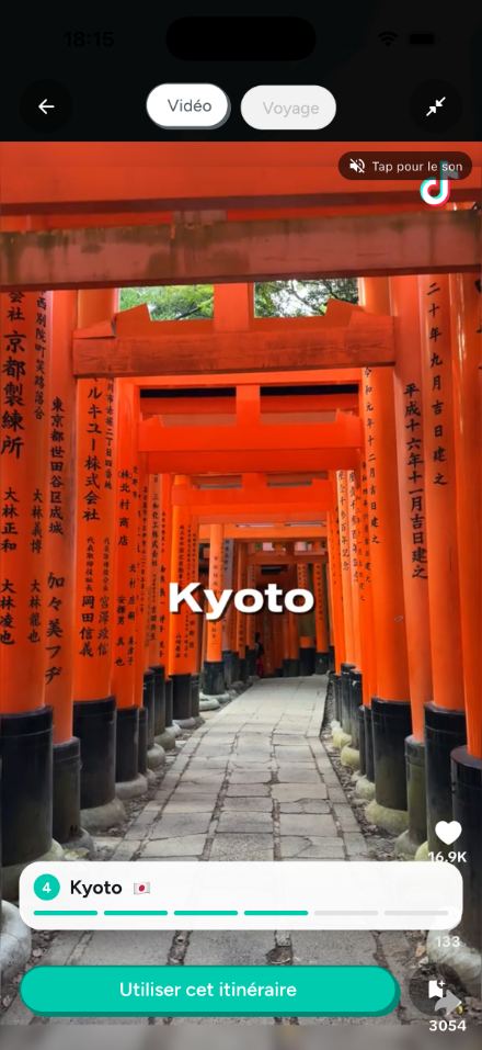 Une vidéo TikTok sur Kyoto ouverte dans Palima, les lieux repérés s'affichent
